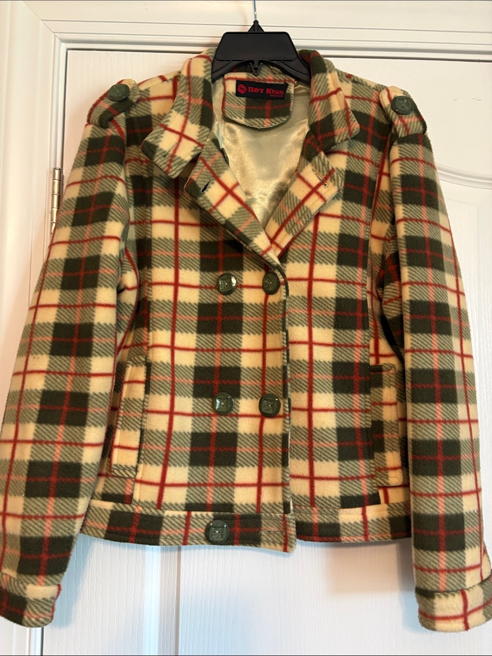 Hot Kiss Cream, Green & Red Plaid Double-Breasted Pea Coat